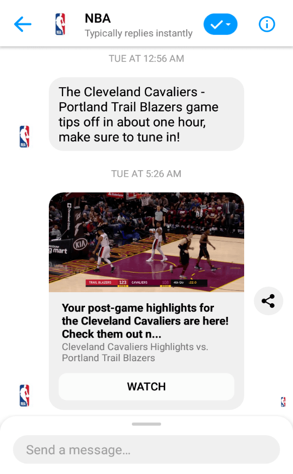 Facebook Messenger bots example Cleveland Cavaliers