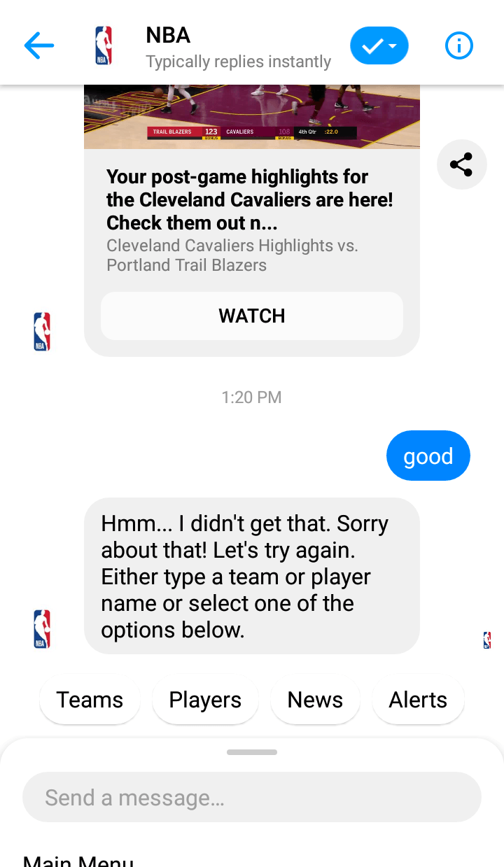 Facebook Messsenger bots example Cleveland Cavaliers 2